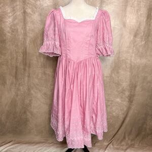 Vintage 90s Handmade Dirndl Dress Pink Embroidered Floral Midi Peasant Fairycore
